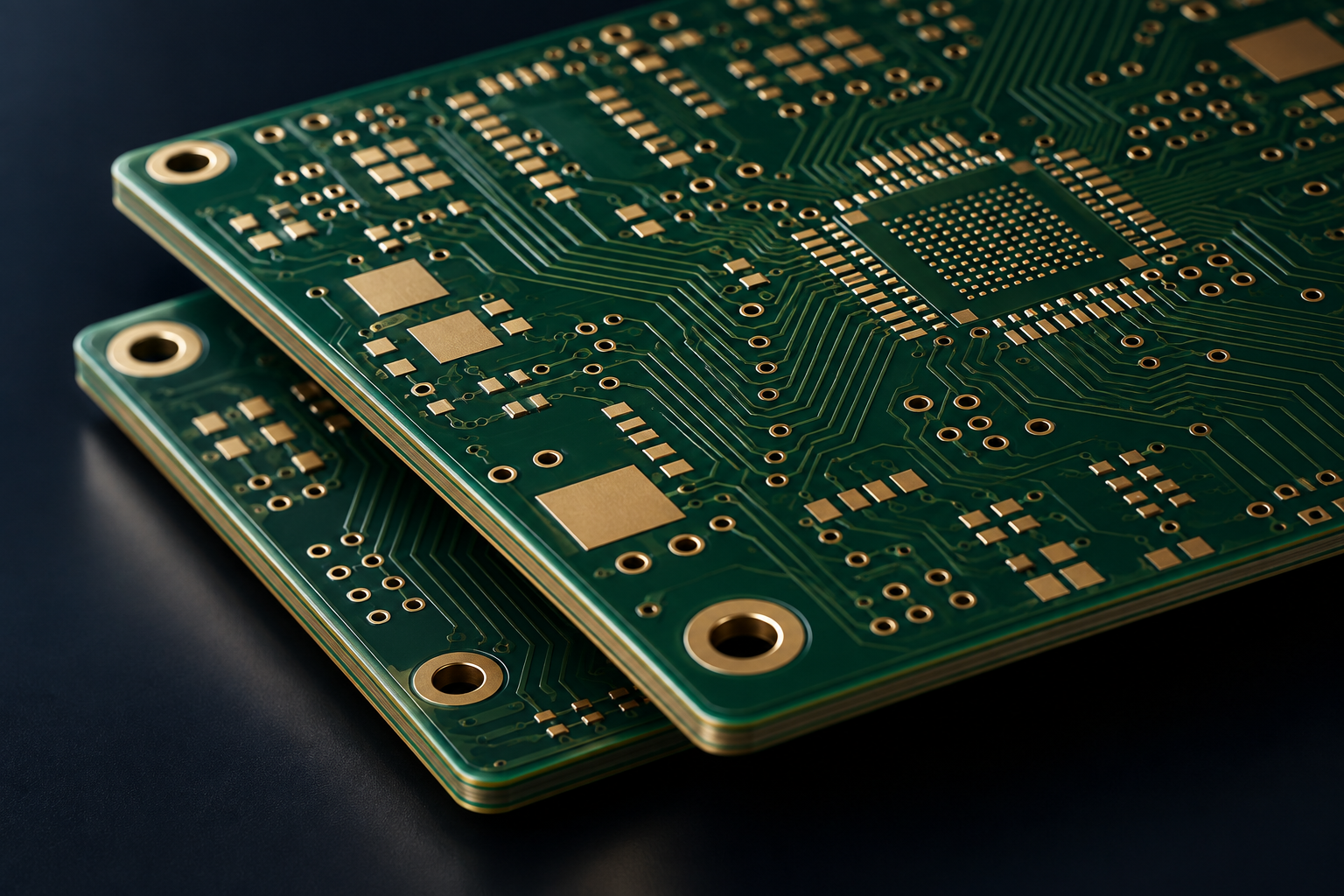 Concept illustration of a multilayer PCB with gold-colored pads